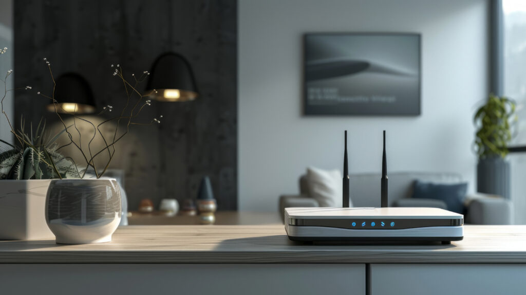 white-silver-device-with-blue-lights-it-sits-wooden-table